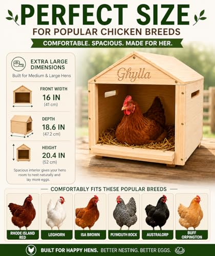Chicken Nesting Box for Laying Eggs, Extra Large Wooden Hen Box, Solid Pine, Spacious & Comfortable, Ventilated Design, Easy Assembly, Wall or Ground Use