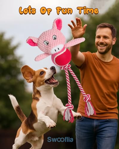 Swooflia Durable Squeaky Dog Toy - Interactive Plush Cute Pig with Rope Legs, Teeth Cleaning Tug Toy for Small Medium and Large Dogs, Puppy Chew Toy for Training and Play - color: Pink