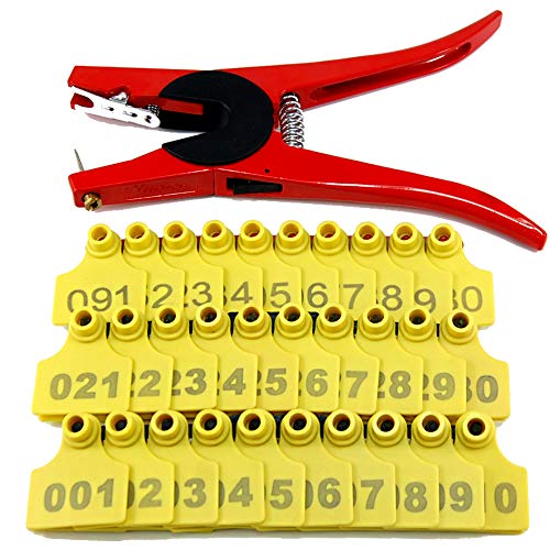 100 Sets Numbered Plastic Livestock Ear Tags for Cattle Pigs Calf Hogs Goat Animal Identification TPU Earring Tagger with 1 pcs Pliers Applicator, Yellow