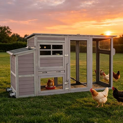 75" Large Chicken Coop with Run, Mobile Wooden Poultry Cage on Wheels, Sectionable Nesting Box, Weatherproof Roof, Easy Cleaning Tray for 3-6 Chickens, Easy Assembly - color: Grey (AIR31)