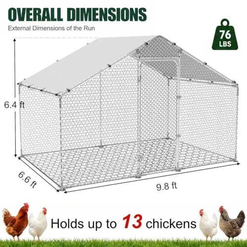 HERBAN 2026 Upgraded Chicken Coop with All-Around Heavy-Duty Cloth, 9.8x6.6x6.4 ft Large Metal Walk-in Outdoor Chicken Run Pen for Yard, Spire Roof Poultry Cage for Hens, Ducks - size: 80.4"L x 117.6"W x 76.8"H