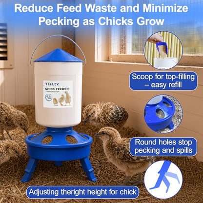 Chick Feeder and Waterer Set with 3 Adjustable Height, Scoop, 0.8Gal Top Fill Chick Feeder and 0.4Gal Waterer Anti-Drown for Raising Chicks in Brooder Blue - size: 0.8Gal Feeder & 0.4Gal Waterer