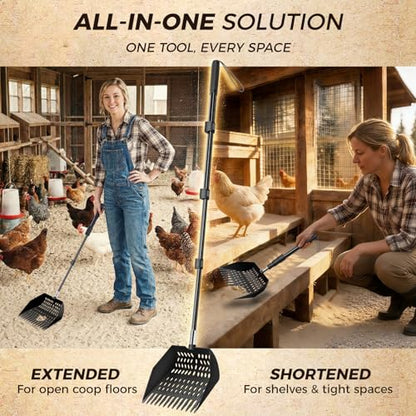 Chicken Poop Scooper & Rake 3 in 1 - Aluminum Alloy Chicken Coop Scoop & Snap-Lock Telescoping Adjustable Handle (16 to 44”), Sand Sifter Shovel for Small Farm Animals US Patent Pending (Sable Black) - color: Sable Black