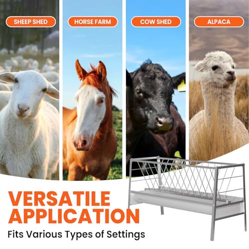62" L Goat Hay Feeder 92 Gallon Stainless Steel Feeder for Goats | 2-in-1 Hay & Grain Large Capacity for Sheep, Horses | Freestanding Outdoor Farm Livestock Feeder, Easy Assembly