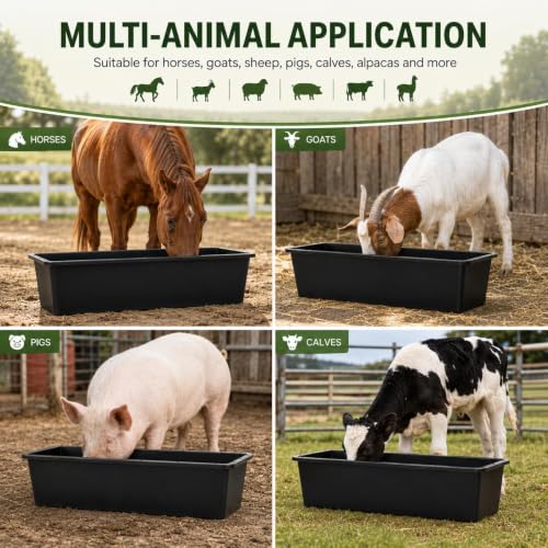 4 Pack 12 Gallon Rubber Feed Pan, 39 Inch Plastic Feeding Trough | Heavy Duty Molded Plastic Design for Horse, Goat, Pig And Livestock Use, Durable Square Design For Farm Feeding Tasks - size: 38.9 × 12 × 7.2 in