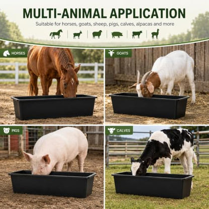 4 Pack 12 Gallon Rubber Feed Pan, 39 Inch Plastic Feeding Trough | Heavy Duty Molded Plastic Design for Horse, Goat, Pig And Livestock Use, Durable Square Design For Farm Feeding Tasks - size: 38.9 × 12 × 7.2 in