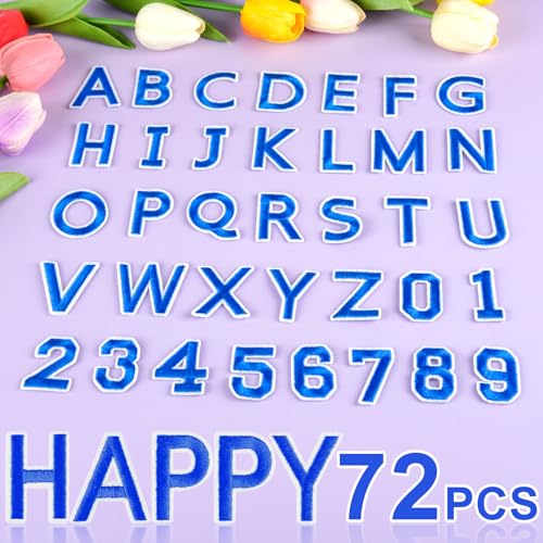 ASTARON 72 Pcs Iron on Letters and Numbers Patches, 1.5 Inch Letters A-Z Numbers 0-9 Embroidered Applique Patches Alphabet Cloth Patch for Clothes, Bags, Socks, Jeans, Hat, DIY Accessories(Blue) - color: Blue