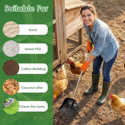 Heavy-Duty Yet Lightweight Chicken Poop Scooper & Rake 2-in-1, Adjustable Handle Length from 38" to 66", Features Manure Sifting Capability – Ideal for Chicken Coops and Farm Animal Cleaning (Black) - color: Black