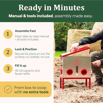 Automatic Chicken Feeder 40lb – Large Metal Poultry Feeder with 6 Ports, Galvanized No Waste Feeder with Secure Lid & Feed Window for Outdoor Coop