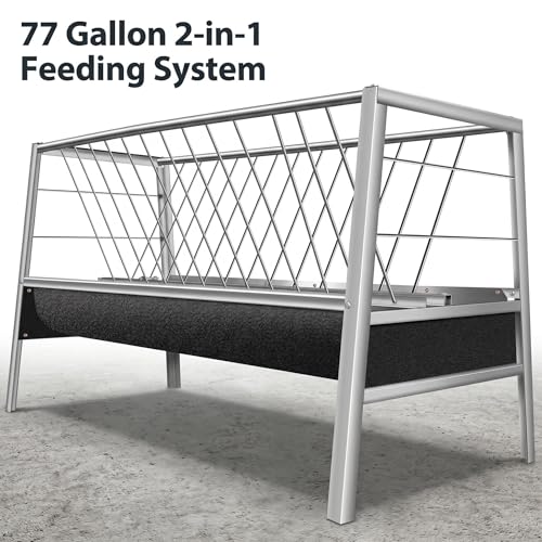 Livestock Feeder, Stainless Steel Goat Feeder for Goats Sheep Horses and Calves, 77 Gallon Hay Feeder with Rubber Trough Livestock Feeder