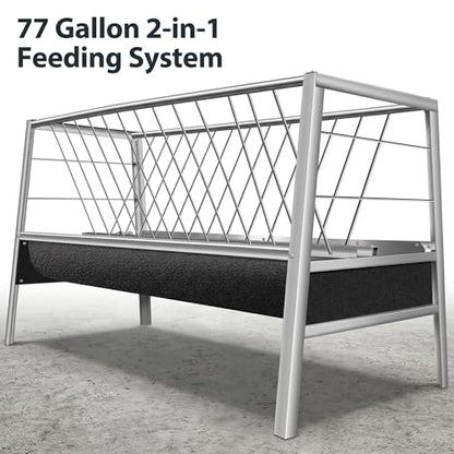Livestock Feeder, Stainless Steel Goat Feeder for Goats Sheep Horses and Calves, 77 Gallon Hay Feeder with Rubber Trough Livestock Feeder