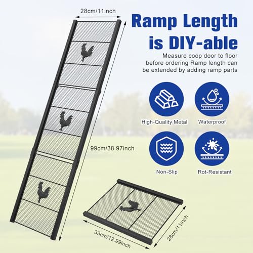 Metal Chicken Coop Ramp, Ladder Length Adjustable for Henhouse, Heavy Duty Coop Ramp for Feet Problem or Cannot Fly Chickens, Waterproof, Non-Slip, Rustproof, Sturdy and Easy to Clean (38.98*11 inch) - size: 38.98*11 inch