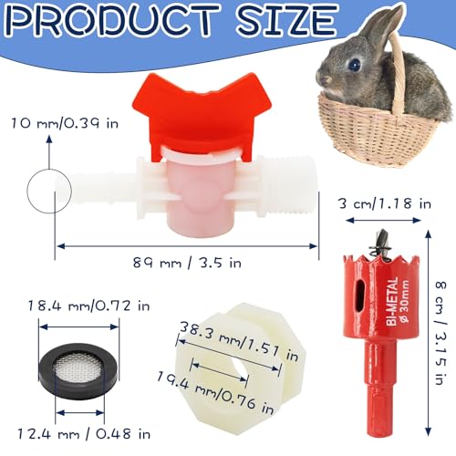 Rabbit Watering System Bucket Connector kit for ID 3/8’’ Hose with Barb Ball Valve, Bulkhead Fitting, Mesh Washer, Hole Saw, Poultry-Watering-Equipment, Animal Water Dispenser