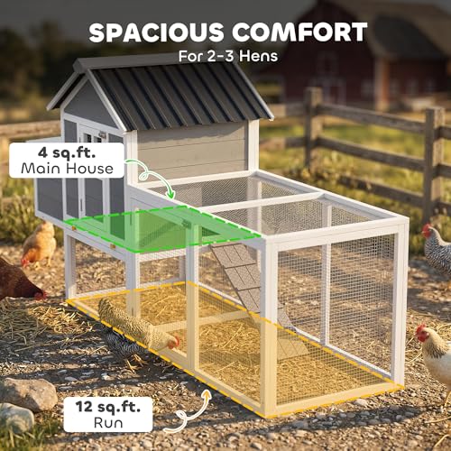 PawHut 82" Wooden Chicken Coop, Large Outdoor Hen House Poultry Hutch for 2-3 Hens, Chicken House with Nesting Box, Pull-on Tray, Waterproof Roof, Ramp and Roosting Bars for Backyard, Gray