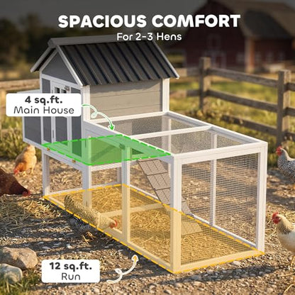 PawHut 82" Wooden Chicken Coop, Large Outdoor Hen House Poultry Hutch for 2-3 Hens, Chicken House with Nesting Box, Pull-on Tray, Waterproof Roof, Ramp and Roosting Bars for Backyard, Gray