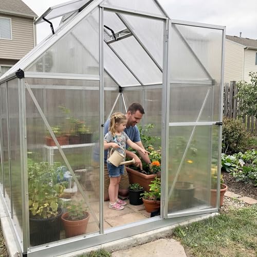 Canopia 6x6 Greenhouse Kit, Hobby Walk-In Twin-Wall UV Polycarbonate Heavy Duty Aluminum Frame, Lockable Door, Adjustable Roof Vent, Rain Gutters, Galvanized Steel Base, Mythos (Silver) - color: Silver, size: 6 Ft. x 6 Ft.