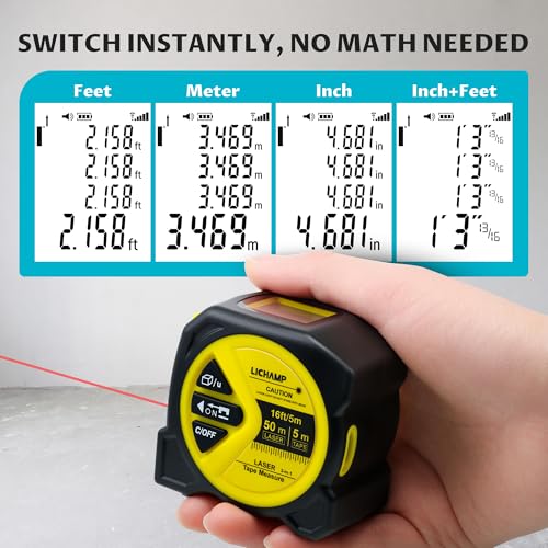Lichamp Laser Tape Measure, 164ft Class II Laser Distance Meter (0.49mW Red Laser) and 16ft Manual Tape Measure