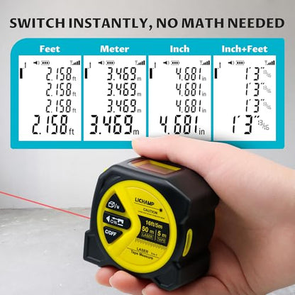 Lichamp Laser Tape Measure, 164ft Class II Laser Distance Meter (0.49mW Red Laser) and 16ft Manual Tape Measure