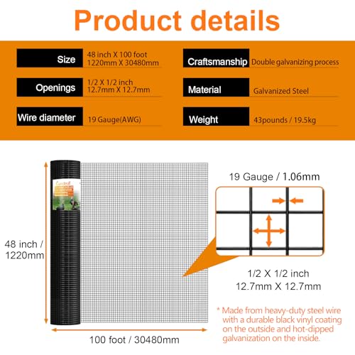 Gardeal Black 19 Gauge 1/2 Inch Hardware Cloth - Vinyl Coated Welded Wire Mesh Roll - Duty Rust Proof Fencing for Gardens, Poultry Animal Netting Cage Screen (Black 1/2 48inx100Ft) - size: Black 1/2 48inx100Ft