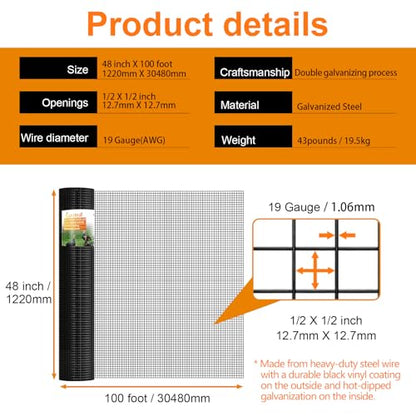 Gardeal Black 19 Gauge 1/2 Inch Hardware Cloth - Vinyl Coated Welded Wire Mesh Roll - Duty Rust Proof Fencing for Gardens, Poultry Animal Netting Cage Screen (Black 1/2 48inx100Ft) - size: Black 1/2 48inx100Ft