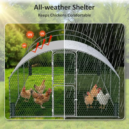 Large Metal Chicken Coop, Chicken Run with Feeding Door, Security Lock and Cover, Outdoor Walk-in Duck/Rabbit Cage Poultry Pen for Backyard, Farm, Yard (Silver - Dome Roof, 19.7 x 9.8 x 6.6 FT) - size: 236.0"L x 118.0"W x 78.7"H