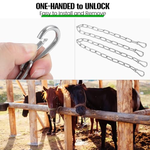 2 Pack Outdoor Gate Chain Lock with 4 Carabiners, Adjustable 5/32 x 28 Inch Security Gate Latch Chain, One Handed Operate Gate Chain for Fence Garden Yard Farm Barn, Silver
