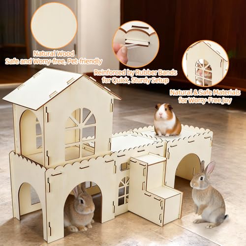 BWOGUE Extra Large Wooden Rabbit Hideout Castle, Detachable Bunny Castle for Rabbits Chinchillas Guinea Pigs, Sturdy Bunny Play House Indoor with Stairs, Small Animal Play Hideaway Hutch - style: 4 House and 1 Ladder