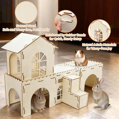 BWOGUE Extra Large Wooden Rabbit Hideout Castle, Detachable Bunny Castle for Rabbits Chinchillas Guinea Pigs, Sturdy Bunny Play House Indoor with Stairs, Small Animal Play Hideaway Hutch - style: 4 House and 1 Ladder