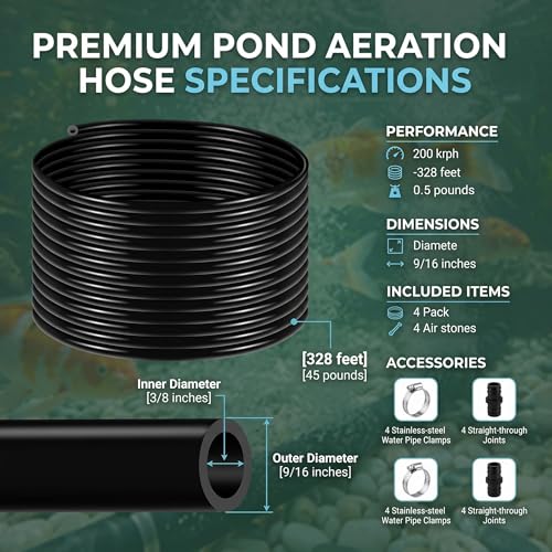 All-Weather 328ft Weighted Pond Tubing, 45 lbs Heavy Duty Self Sinking Pond Hose with 8 Clamps, Anti-Kink Flexible Pond Aerator Tubing for Aquaculture and Water Recirculation - size: 3/8" id - 328ft