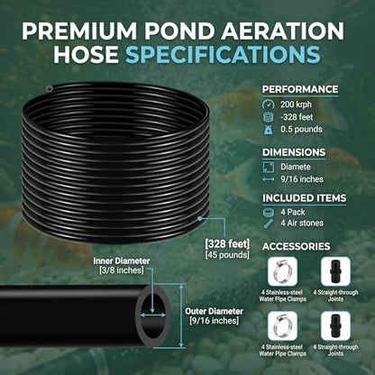 All-Weather 328ft Weighted Pond Tubing, 45 lbs Heavy Duty Self Sinking Pond Hose with 8 Clamps, Anti-Kink Flexible Pond Aerator Tubing for Aquaculture and Water Recirculation - size: 3/8" id - 328ft