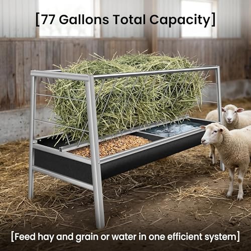 Stainless Steel Goat Feeder,2-in-1 Hay Feeder for Goats Sheep Calves Horses and Pastures, Anti-Waste Goat Feeder with Rubber Trough Livestock Feeder