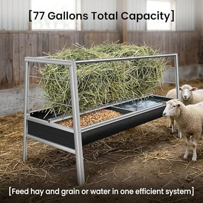 Stainless Steel Goat Feeder,2-in-1 Hay Feeder for Goats Sheep Calves Horses and Pastures, Anti-Waste Goat Feeder with Rubber Trough Livestock Feeder