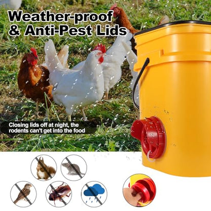 Chicken Feeder No Waste, 6 Ports Automatic Poultry Feeder with Covers & Hole Saw, Rain Proof Chicken Feeder Port for Buckets, Bins & Barrels - color: Red