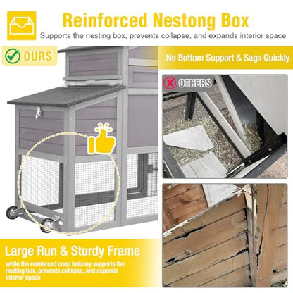 Aivituvin Chicken Coop with Wheels Mobile Hen House Poultry Cage for 2-4 Chickens with Metal Run and Nesting Box 79" L - color: Grey, size: 81.9"L x 28.9"W x 43.6"H