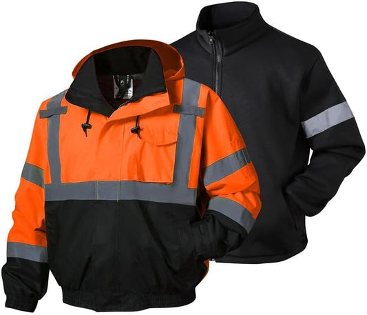 SKSAFETY 3-in-1 High Visibility Winter Bomber Jackets Zip Out Fleece Liner Reflective Safety Coats for men Waterproof ANSI/ISEA Class 3(Orange S) - color: Orange&black, size: Small