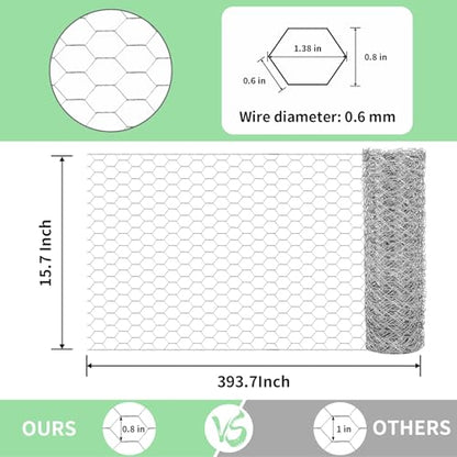 Chicken Wire 15.7 in x 393.7 in Poultry Wire Netting Hexagonal Galvanized Mesh Garden Fence Barrier for Pet Rabbit Chicken Fencing with 100 Pcs Cable Zip Ties - color: Silver, size: 15.7"x393.7"+100Ties