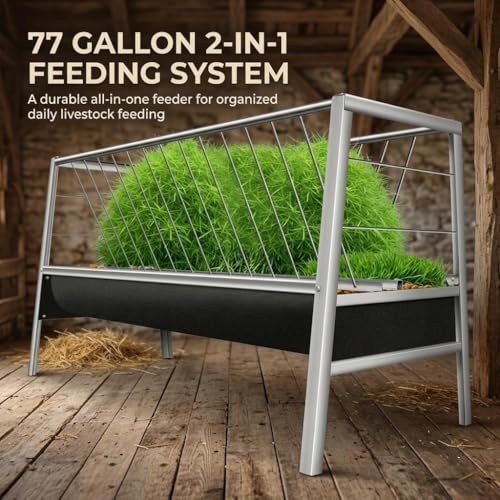 59 Inch Livestock Feeder 77 Gallon Capacity, Heavy Duty Stainless Steel Hay Feeder with Deep Rubber Grain Trough for Goats, Sheep and Horses, Barn or Pasture Use