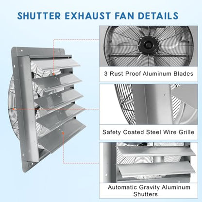 Garvee 24 In Shutter Exhaust Fan, Wall Mounted Shutter Exhaust Fan Aluminum, 3500 CFM High Speed Louvered Vent Fan with Automatic Shutter for Garage, Attic, Workshop, Greenhouse - size: 24 In