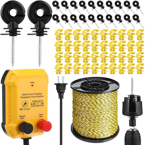 MorningRo Electric Wire Fence Kit, 7 Mile 110VAC 0.35 J Plug in Fence Charger with 3366 FT Polywire, 40 T Post Insulators, 20 Screw in Insulators for Pasture Farm Horse Cattle Poultry Fencing - size: 3366FT, style: 0.35J