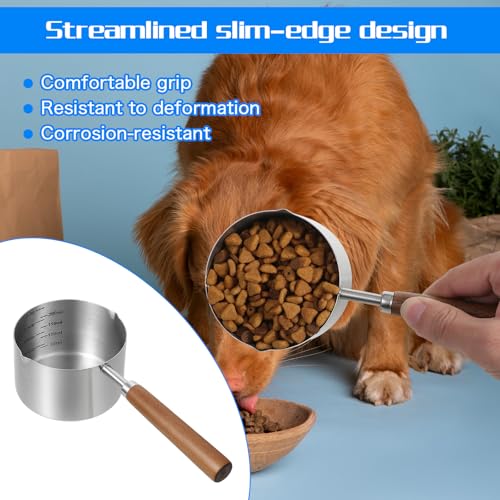 Telooco Cat Dog Food Scoop 1 Cup, 304 Stainless Steel Dog Food Measuring Cup with Measuring Lines (Cup/ML) & Long Wooden Handle, Dishwasher Safe