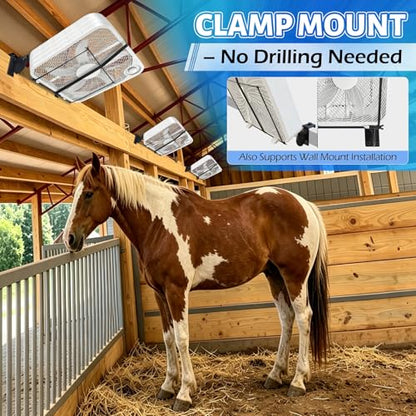 Box Fan Holder for Horse Stall, Adjustable Angle Fan Wall Mount Bracket, 2-in-1 Clamp & Wall Mount Design, Fits 20" Box Fan, Heavy Duty Steel Fan Holder for Barn, Coop, Garage (Fan Not Included)