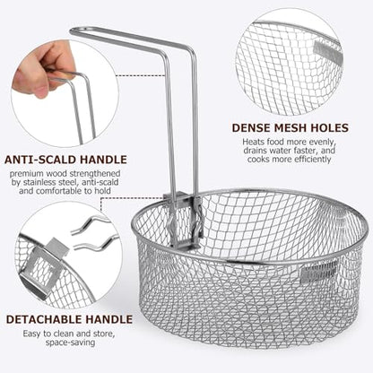 MAGICLULU Stainless Steel Fryer Basket with Detachable Handle, 6.7Inch Round Deep Frying Basket for Pot, Multifunctional Wire Mesh Strainer for Frying Serving Restaurants Kitchen Use