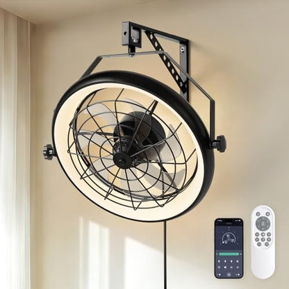 23" Wall Mount Fan with Light,3 CCT, Dimmable,Quiet 6 Speed Wall Mounted Fan with Remote/App Control, Timer, 360° Adjustable Tilt Plug in Wall Fan for Garage,Patio,Tool Room,Home - size: 23"