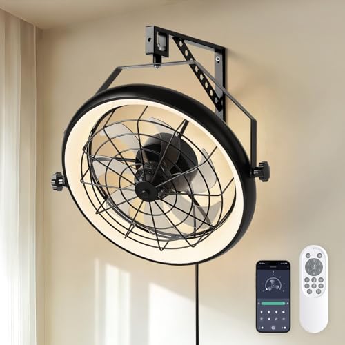 23" Wall Mount Fan with Light,3 CCT, Dimmable,Quiet 6 Speed Wall Mounted Fan with Remote/App Control, Timer, 360° Adjustable Tilt Plug in Wall Fan for Garage,Patio,Tool Room,Home - size: 23"