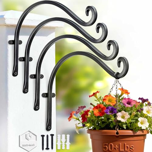 AJART Hanging Plant Hanger Outdoor: 12-Inch Metal Bird Feeder Wall Hooks - 4 Pieces Black Plant Bracket Hook for Hanging Flower Baskets - size: 12 Inch, style: Plant Hooks
