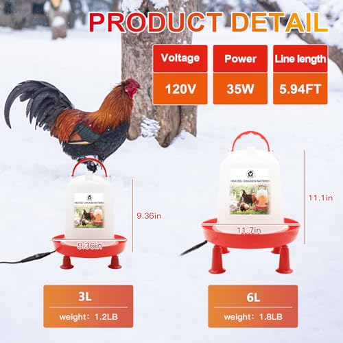 6L Heated Chicken Waterer for Winter Chicken Water with Heater Adjustable Leg Support 35W BPA-Free Heated Poultry Waterer Heavy Duty All in One Heated Waterer for Chicken Coop