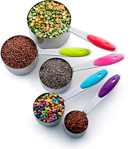Bellemain Stainless Steel Measuring Cups Set of 5 – Nesting Metal Measuring Cups for Kitchen – Dry & Liquid Measurements (ML & OZ), Dishwasher Safe, Ergonomic Design with Colored Handles - color: Stainless Steel with Colored Handles