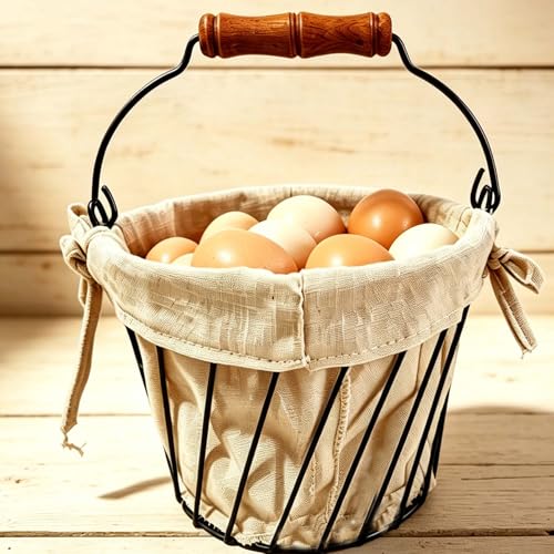 Wire Egg Basket, Black, with Wooden Handle | Cloth Liner, Round Egg Holder, Vintage Rustic Farmhouse Decor, Countertop Gathering Basket, Fruit Storage