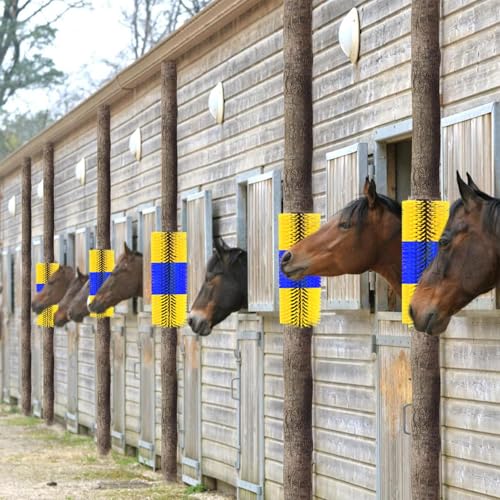 Livestock Scratching Brush 4 Pack, Dense Cow Brush Wall Mount Anti-Itch Grooming Tool, Flexible Goat and Horse for Grooming with Screws and Nuts - color: blue yellow