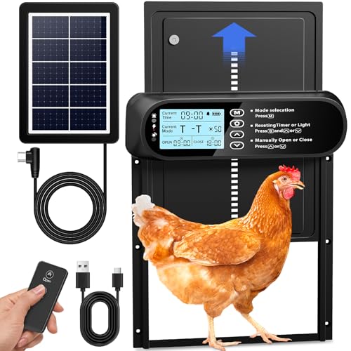 Automatic Chicken Coop Door Solar Powered, LCD Screen Electric Auto Chicken Coop Door with Timer & Light Sensor, Aluminum Rechargeable Auto Chicken Door Opener with Remote Control & 4 Modes - color: Black